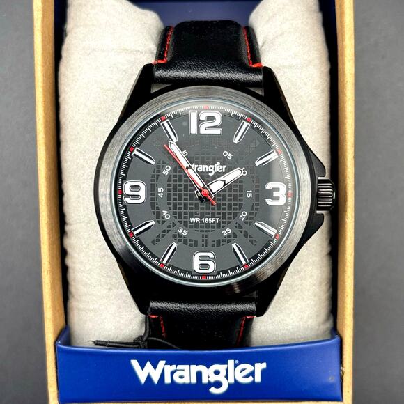 Wrangler WRW2400-1A Mens Black Analog Watch Black Leather Red Stitching Strap - Picture 4 of 17